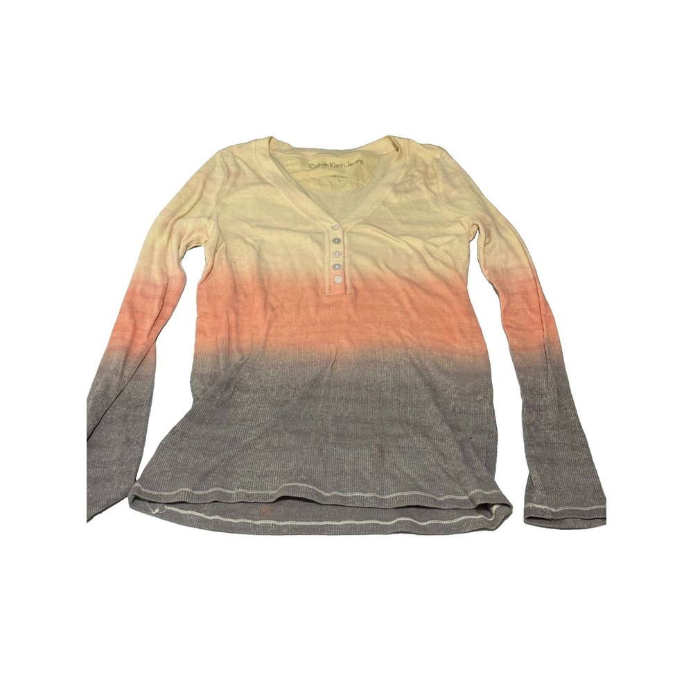 Calvin Klein Jeans Women's S Beige Orange Gray Ombre Knit V-Neck Henley Top